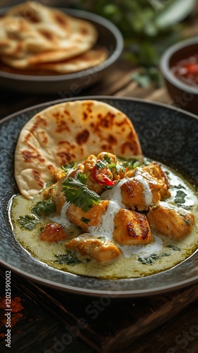 Chicken curry with naan bread on wooden table photo