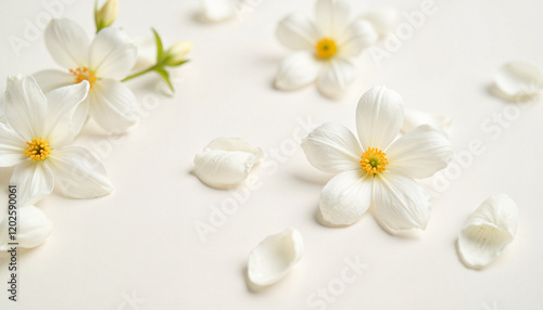 Fresh jasmine flowers scattered on neutral background, natural beauty
