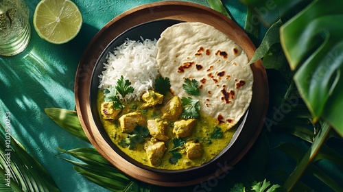 Chicken curry with rice and naan, tropical setting photo