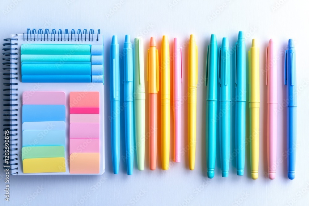 Obraz premium Colorful stationery arranged neatly on white background