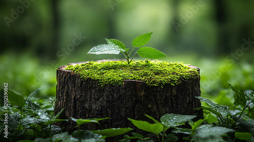 Tree stump covered with vibrant green moss in focus with a softly blurred forest background ideal for product display emphasizing natural themes modern aesthetic with empty space on the side

 photo