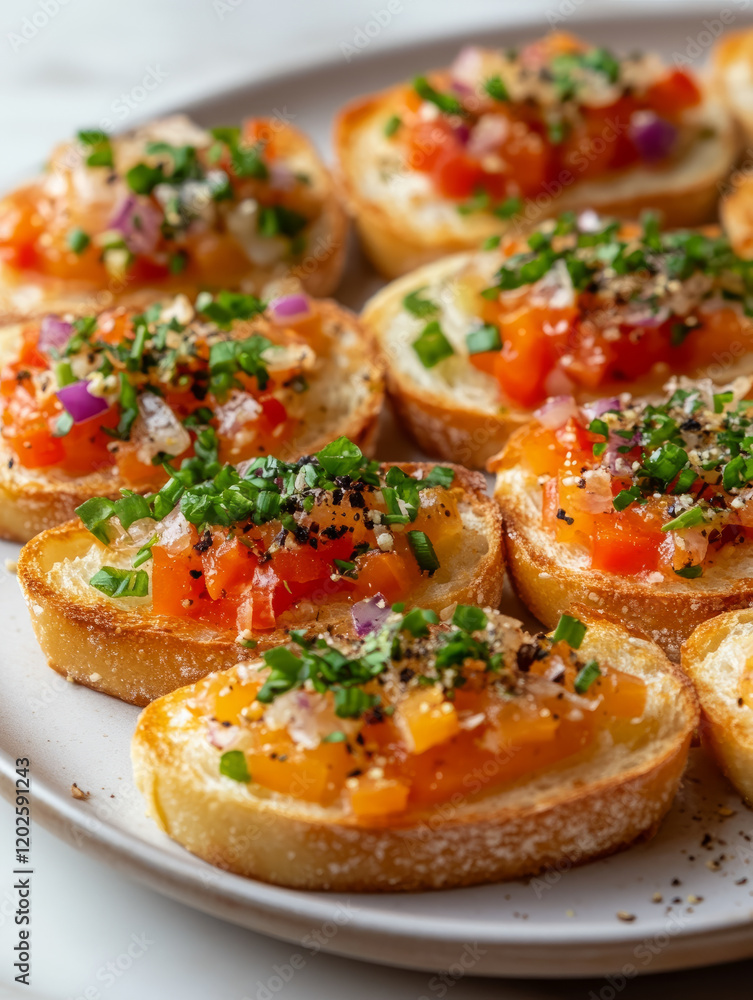 Bruschetta with tomatoes and chives on a white plate. Bruschetta with tomatoes and chives on a white plate.