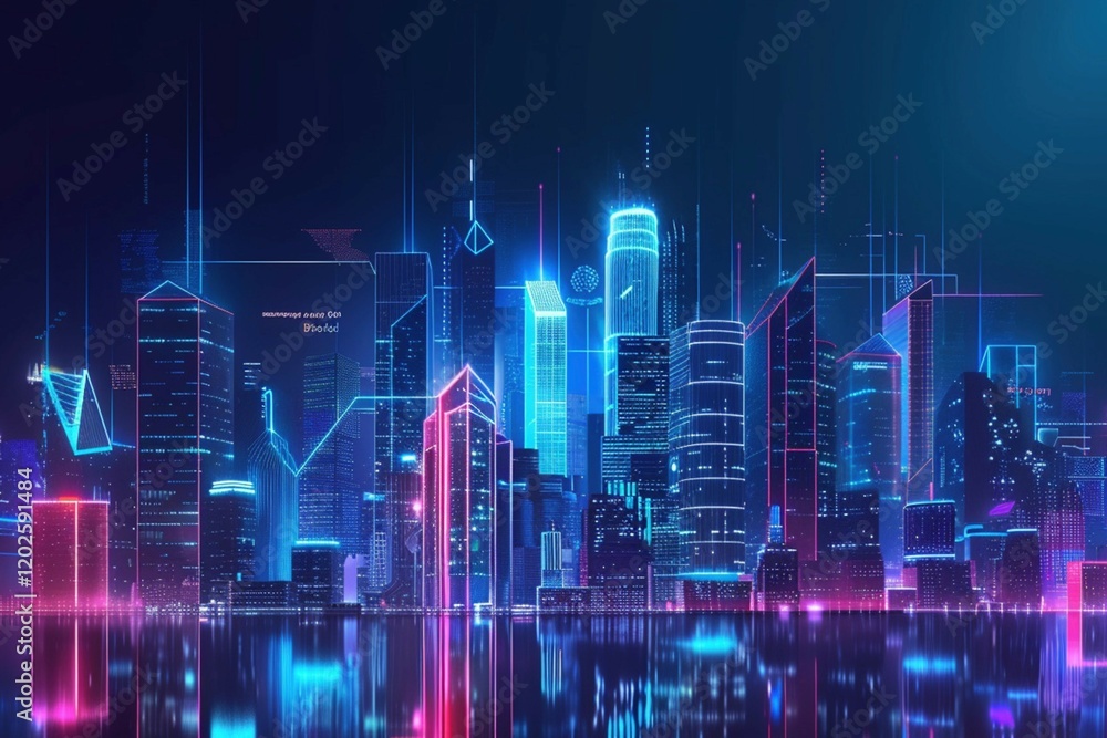 Futuristic skyline with glowing neon lights and high-tech architecture Futuristic skyline with glowing neon lights and high-tech architecture