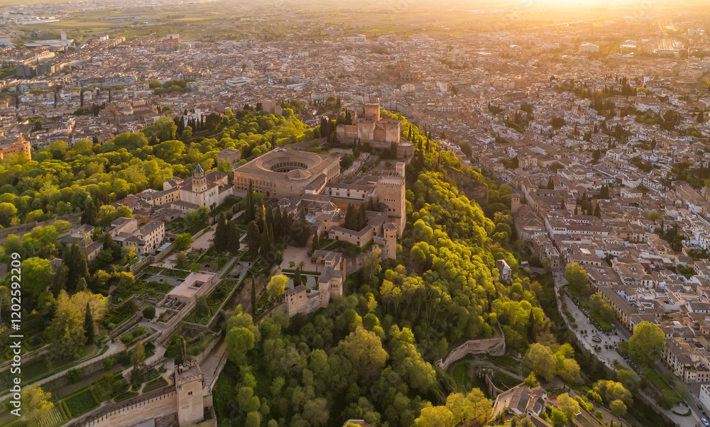 Obraz premium Aerial view of the Alhambra palace at sunset in Granada, Andalusia, Spain