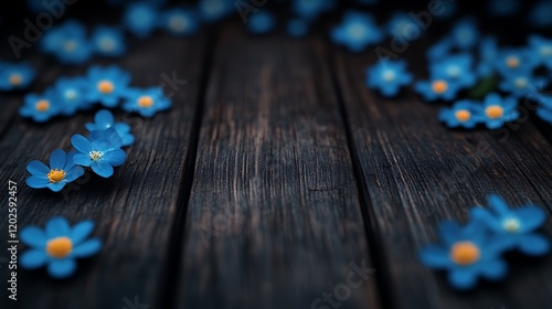 Dark Wood, Blue Forget-Me-Nots: A Moody Floral Still Life photo