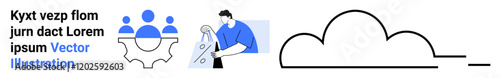 Team members collaborating symbolized by cog and people icons, individual analyzing data charts, cloud representation. Ideal for teamwork, data analysis, cloud integration, cooperation, digital