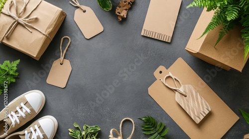 Wallpaper Mural Flat lay of eco-friendly shoe materials and branding tags on a rustic table Torontodigital.ca