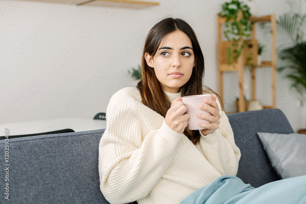 Sick woman drinking hot beverage while resting on sofa at home. Medicine and health care concept. Sick woman drinking hot beverage while resting on sofa at home. Medicine and health care concept.
