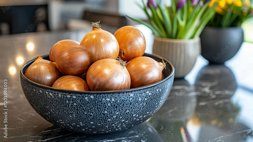 Yellow onion in a simple bowl symbolizing humility and unity represents natural flavor and nourishment modern blurred background enhances focus on the onion with minimalist caption space evoking simpl Yellow onion in a simple bowl symbolizing humility and unity represents natural flavor and nourishment modern blurred background enhances focus on the onion with minimalist caption space evoking simpl
