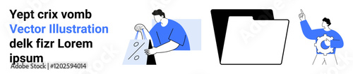 Wallpaper Mural Man holding a shopping bag with tools, digital folder, person holding gear while pointing upward. Ideal for project planning, teamwork, digital storage, productivity, data management, organizational Torontodigital.ca