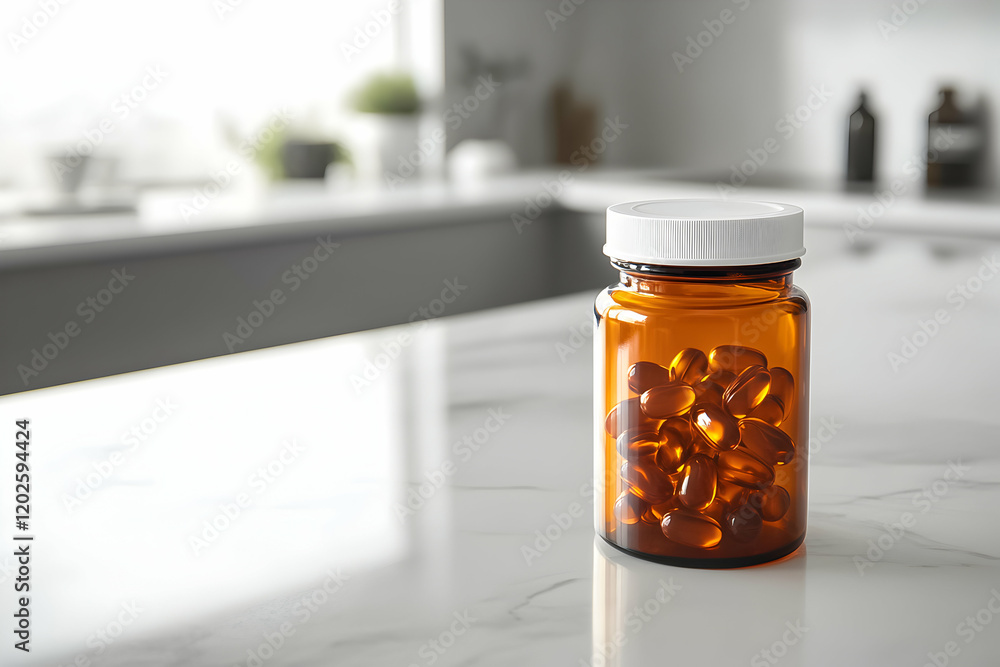 Glass jar filled with dietary supplements placed on a kitchen countertop during daylight Glass jar filled with dietary supplements placed on a kitchen countertop during daylight
