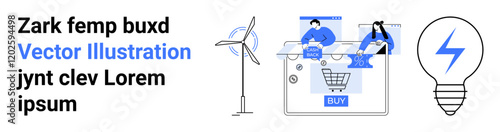 Wind turbine, shopping cart on device, and illuminated lightbulb icon represent online shopping, renewable energy, and innovative ideas. Ideal for e-commerce, technology, innovation, business