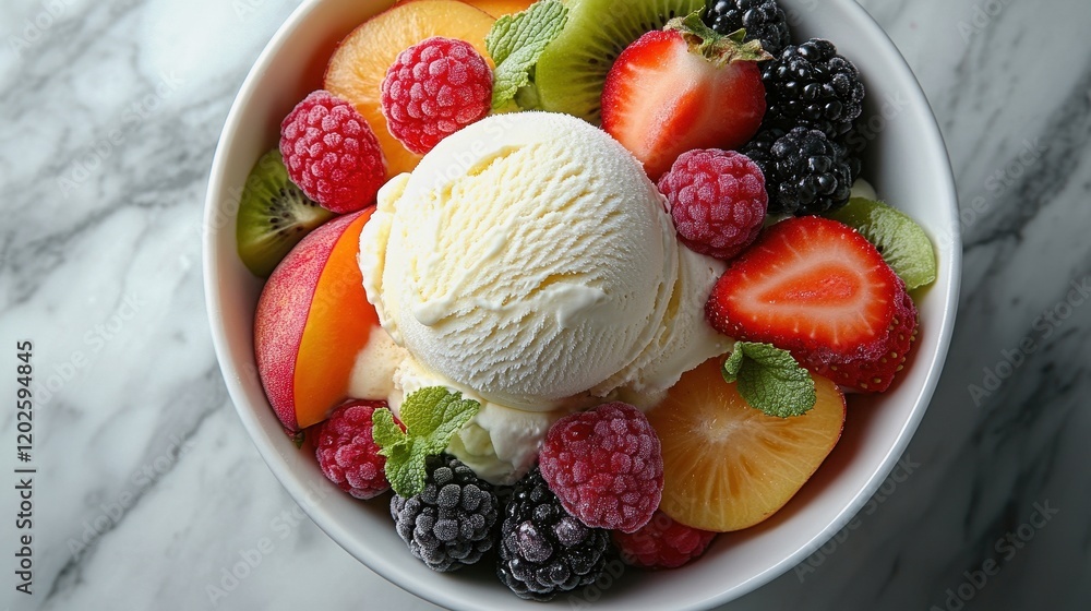 Vanilla ice cream topped with fresh fruits and mint leaves Vanilla ice cream topped with fresh fruits and mint leaves