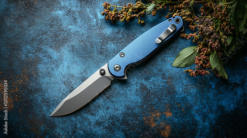 Compact folding knife isolated on a flat slate-blue background