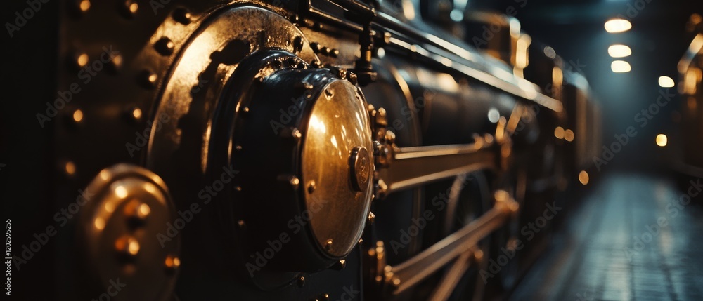 Fototapeta premium A close-up of a steam locomotive, shining in dim light, revealing the intricate metalwork and craftsmanship of a bygone era of transportation.