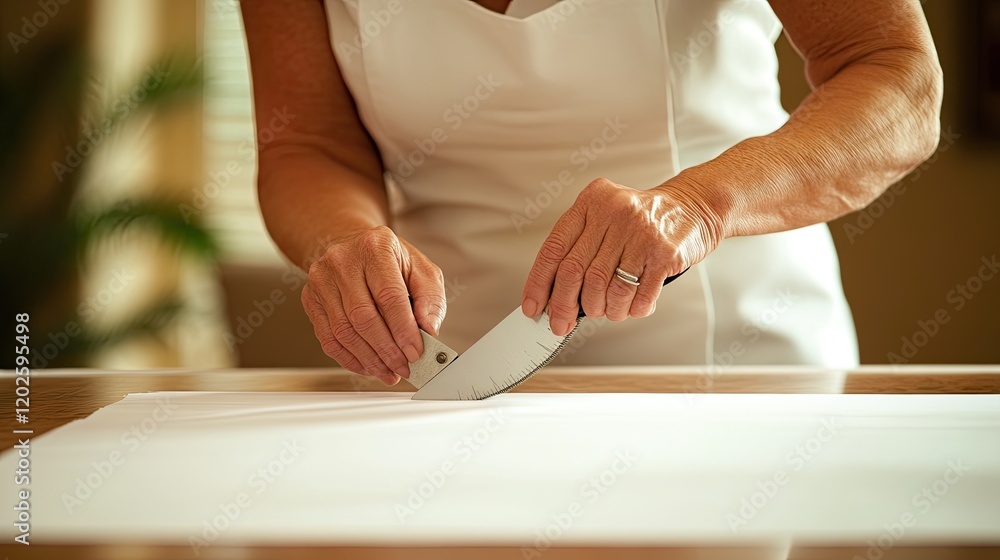 Seamstress using a rotary cutter to cut fabric with precision Seamstress using a rotary cutter to cut fabric with precision