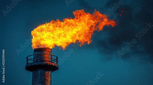 A flame burning from an industrial smokestack against a dark blue sky. photo