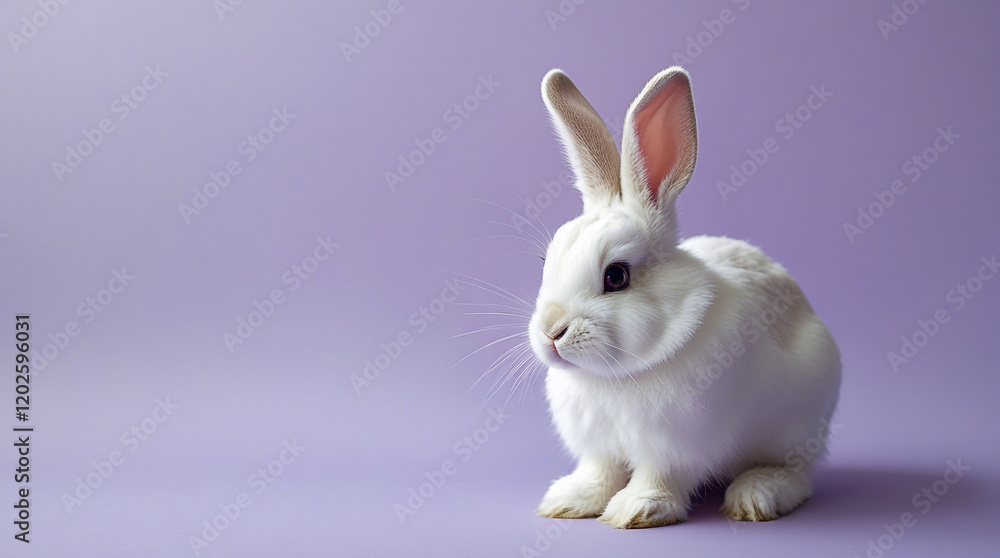 Adorable white bunny rabbit sitting on a lavender purple background. Perfect for Easter, spring, pet, or animal themes. Adorable white bunny rabbit sitting on a lavender purple background. Perfect for Easter, spring, pet, or animal themes.