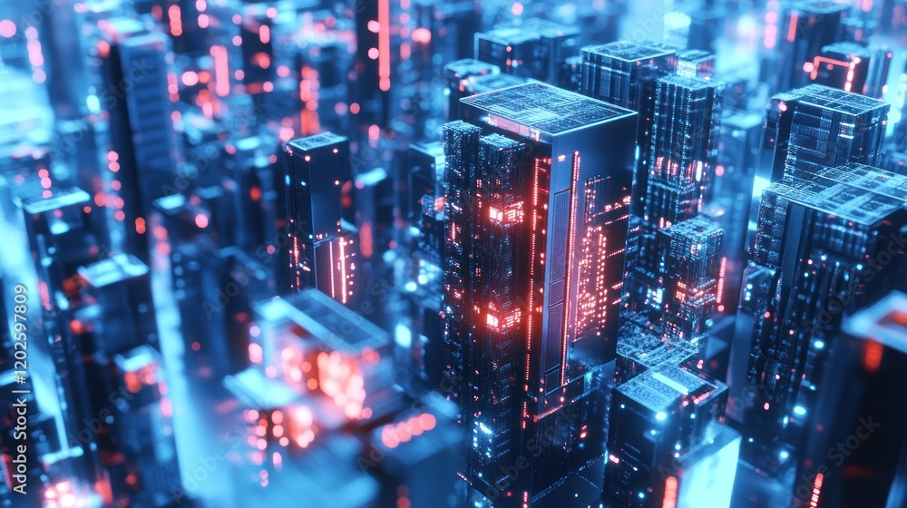 Futuristic city skyline, glowing neon, digital architecture, data center background, tech concept Futuristic city skyline, glowing neon, digital architecture, data center background, tech concept