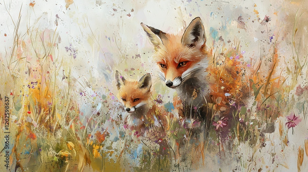 Obraz premium A painting of two foxes in a field of wildflowers, one facing the camera and the other looking away