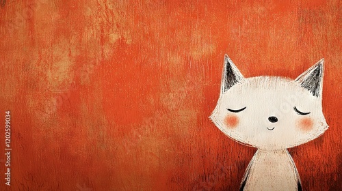   A painting of a cat with its eyes closed, on a red background