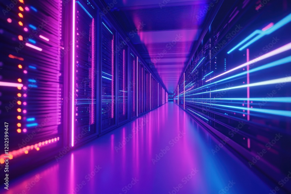 Fototapeta premium Neon-lit server room corridor; data streams; digital technology; futuristic infrastructure; website background