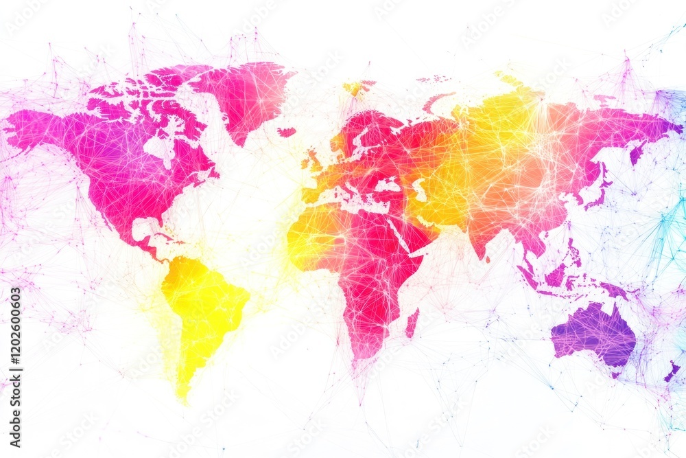 Fototapeta premium Colorful world map network, global connection, data flow, white background, website banner