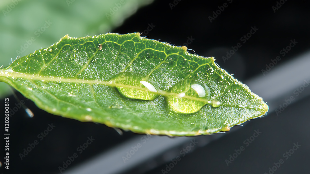 close up of green leaf with visible water droplets, showcasing nature beauty and freshness close up of green leaf with visible water droplets, showcasing nature beauty and freshness