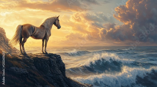 A majestic horse stands on a cliff overlooking a turbulent ocean at sunset photo