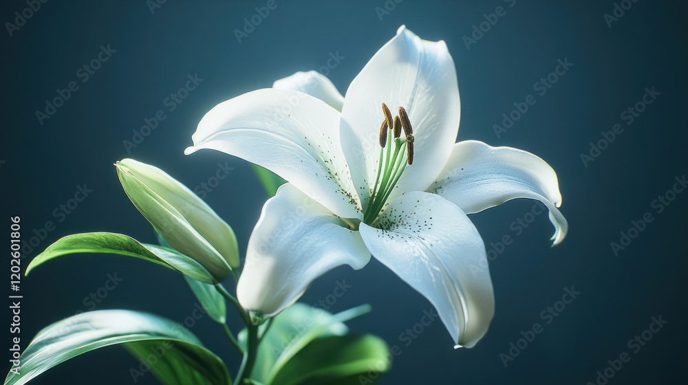 Fototapeta premium Elegant white lily blooming, studio shot, dark background, floral design