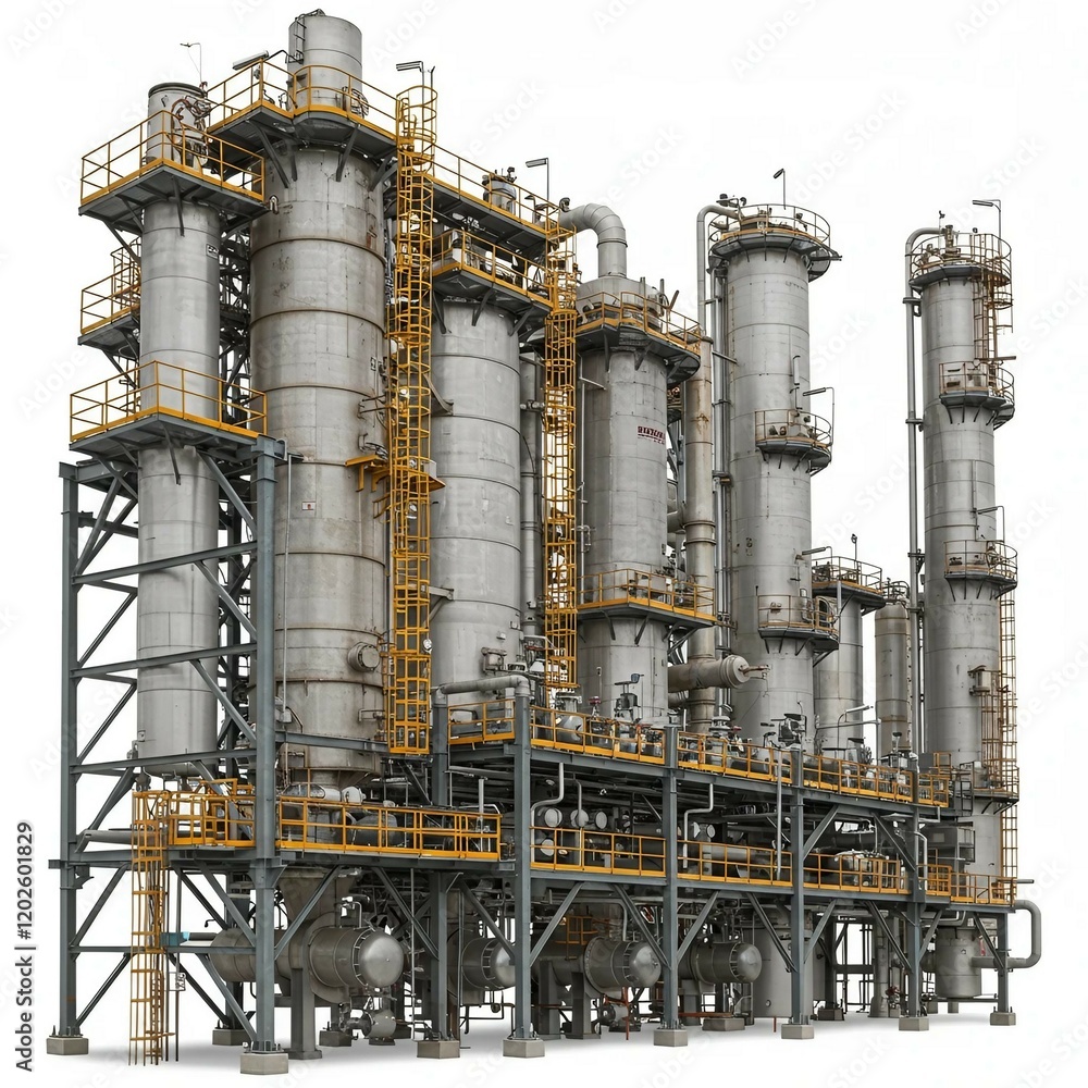 Chemistry or oil refinery plant design. AI generated image of an industrial object on a white background for advertising and presentation purposes. Chemistry or oil refinery plant design. AI generated image of an industrial object on a white background for advertising and presentation purposes.