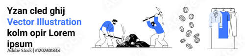 Miners work together breaking rocks with pickaxes as coins cascade beside them, next to a neat clothes rack holding garments. Ideal for teamwork, resource extraction, economy, financial success