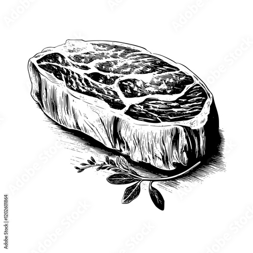 Savoring the art of butchery with a beautifully marbled cut of steak nestled among aromatic herbs