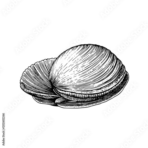 Intricate details of a beautifully drawn clam shell resting on a delicate coral-colored surface in an artful marine setting