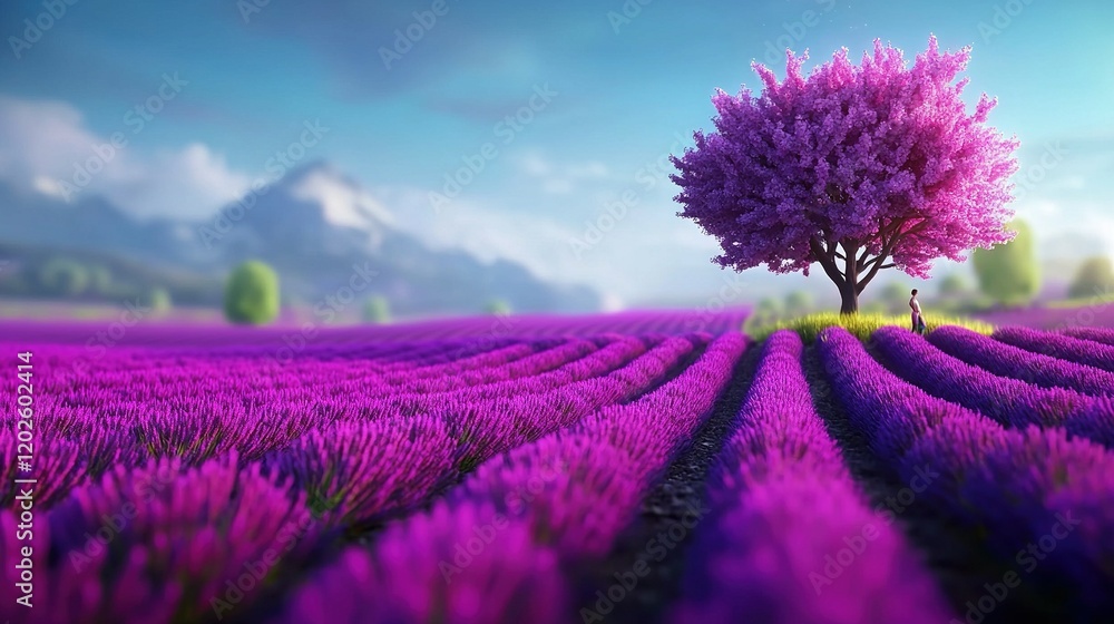 Obraz premium A solitary tree stands amidst a field of lavenders, framed by a blue sky and distant mountain range