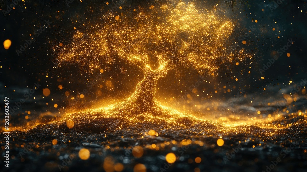 A glowing, magical tree emanating light and energy in a dark, mystical environment. A glowing, magical tree emanating light and energy in a dark, mystical environment.