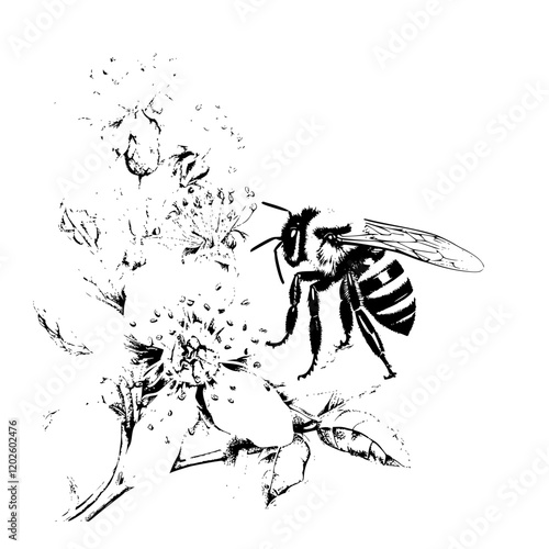 Delicate interaction of a bee and blossoms captured in monochrome beauty