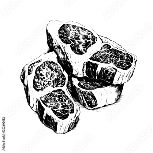 Artistic rendering of stacked marbled beef cuts resting on a clean surface showcasing their rich texture and natural beauty