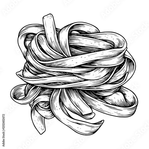 Artistic depiction of tangled pasta ribbons in intricate detail showcasing their textures and playful forms