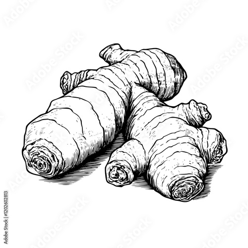 Freshly harvested ginger root arranged artistically on a smooth surface with intricate textures highlighting natural beauty