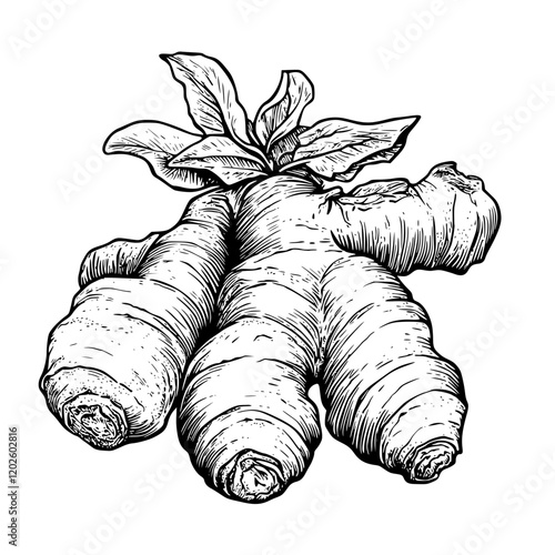 Ginger roots lying on a rustic wooden surface with green leaves contributing to a vibrant kitchen atmosphere