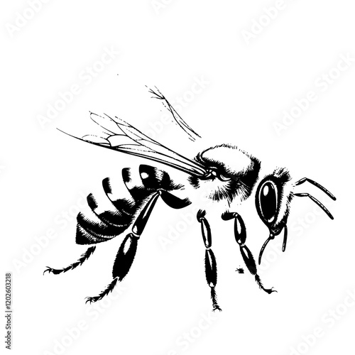 Intricate black and white illustration of a bee showcasing its detailed anatomy and vibrant presence in nature