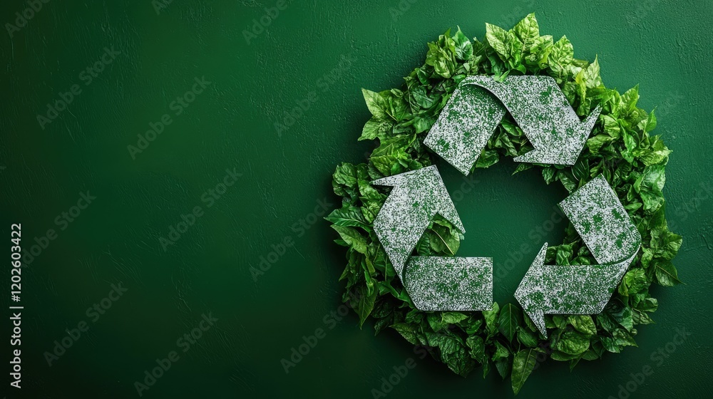 A green wreath made of leaves encircles a textured recycling symbol on a dark green background. A green wreath made of leaves encircles a textured recycling symbol on a dark green background.