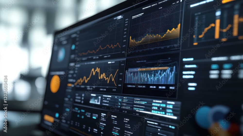 Office laptop displays financial data graphs, charts, and analysis Office laptop displays financial data graphs, charts, and analysis