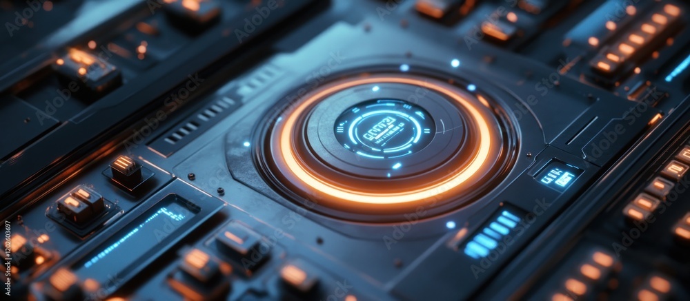Futuristic control panel activates; glowing buttons; tech background; website design Futuristic control panel activates; glowing buttons; tech background; website design