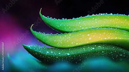   Green plant close-up with water drops on leaves against purple-blue backdrop