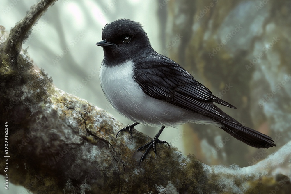 A small black and white bird perched on a tree branch in a misty forest. A small black and white bird perched on a tree branch in a misty forest.
