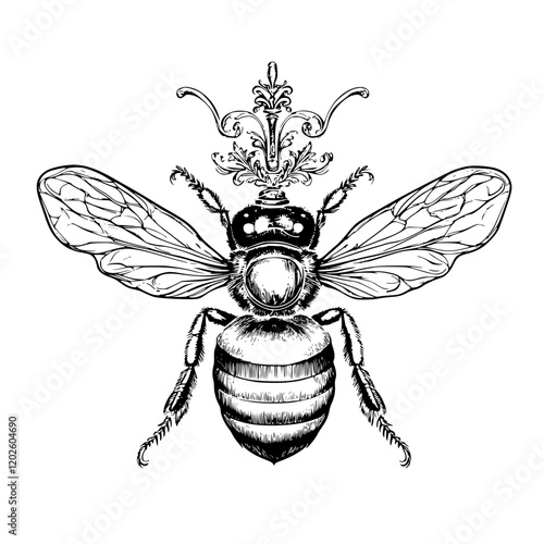 Intricate illustration of a bee adorned with ornate crown detail showcasing elegance and nature's artistry