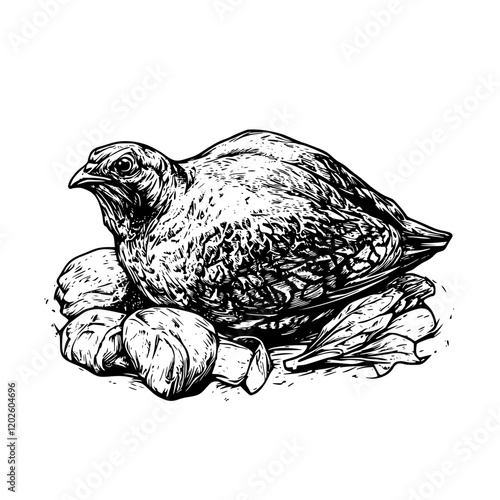 Detailed sketch of a bird resting on a bed of mushrooms and greens in a rustic kitchen setting