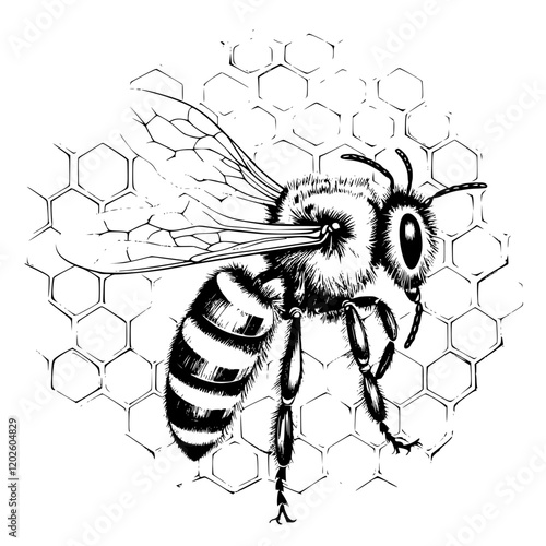 Buzzing in harmony, a detailed sketch of a bee on honeycomb showcases nature's artistry amidst delicate hexagonal patterns